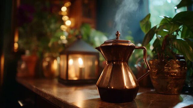 Aromatic Brew: Steam Rising from a Coffee Pot Surrounded by Lush Greenery and Soft Lighting in a Cozy Indoor Setting