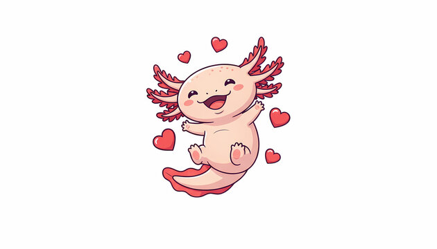 Cute Cartoon Axolotl Swimming with Floating Red Hearts Illustration