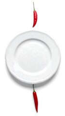 A white plate with two red chili peppers on a plain background