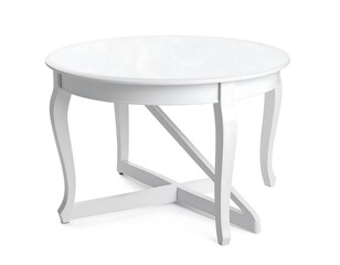 A white round table with curved legs and a lower support beam