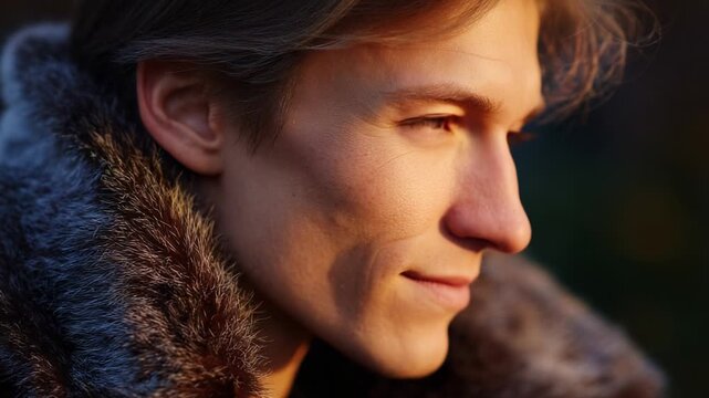 A profile view of a young adult male with chin-length hair and a stylish fur collar coat, exuding confidence and warmth as the golden sunlight highlights his facial features beautifully.