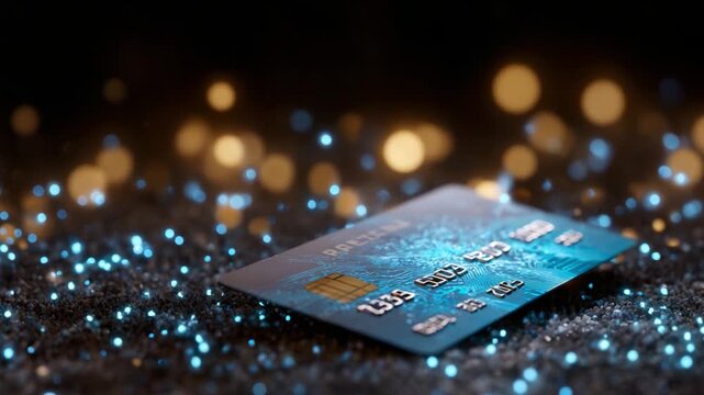 A close-up view of a credit card resting on a shimmering surface, surrounded by dazzling blue and golden bokeh lights, highlighting intricate details and the modern design of the card.