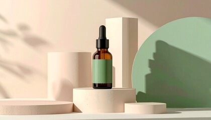 Obraz premium Elegant amber dropper bottle for skincare essence on a minimalist pastel backdrop with artistic shadows, showcasing modern beauty product presentation