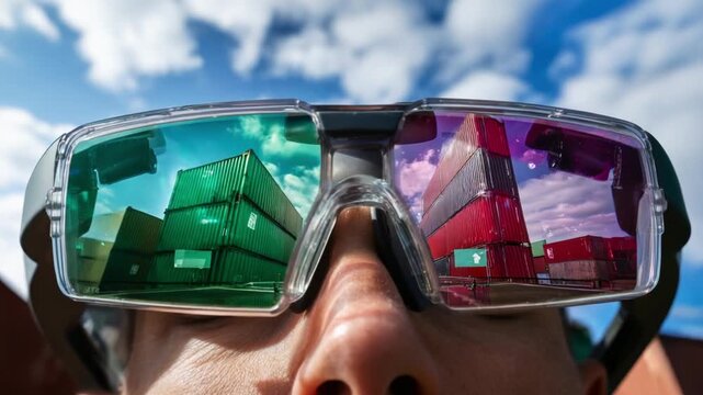 A Close-Up Look at High-Tech Safety Glasses Reflecting Colorful Shipping Containers Against a Bright Blue Sky, Showcasing Modern Shipping and Logistics Technology in Action