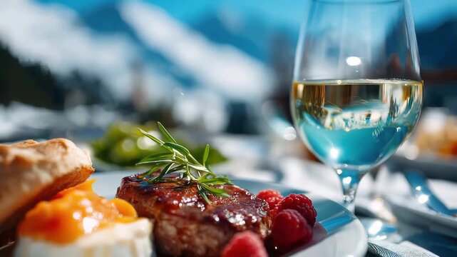 Gourmet grilled steak with rosemary, berries, bread and cheese served with white wine on an outdoor alpine terrace, shallow depth of field