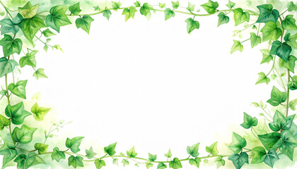 水彩風のアイビーと新緑のフレームデザイン 文字入れ用の広い余白がある背景素材
