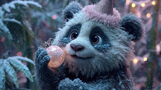 Animated panda in holiday outfit, joyful expression, warm indoor setting with Christmas decorations and snowy outdoor view, detailed animation style, eye-level perspective - AI-Generated