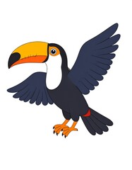 Fototapeta premium A colorful cartoon toucan with spread wings on a white background