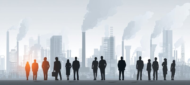 Group of oligarchy looking at polluted smoke from factory industry area. Generative AI technology.	
