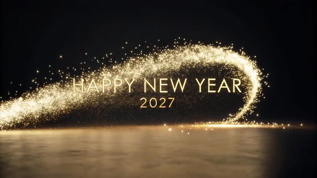 Golden Sparkle Trail Forms Happy New Year 2027 Text Animation Cinematic