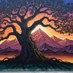 Majestic Ancient Tree at Sunset Vibrant Mountain Mural