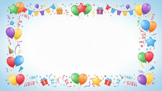 Colorful balloons, streamers, gifts, and confetti creating vibrant border on light blue background.