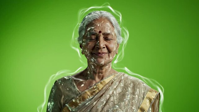 Elderly South Asian woman smiling in a traditional sari against a vibrant green background with glowing energy lines