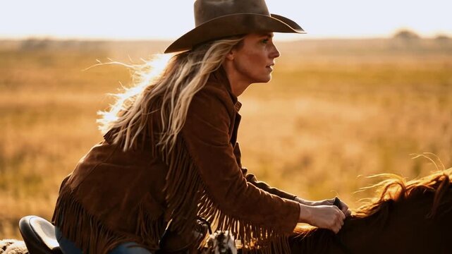 Blonde cowgirl in hat riding horse in golden field at sunset. Side view of female rider enjoying freedom in nature. Western lifestyle and equestrian sport concept