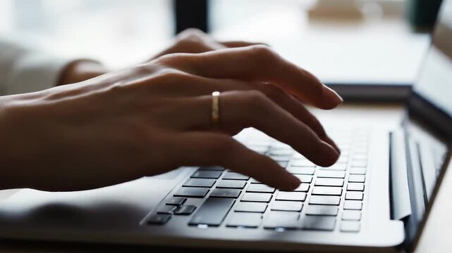 Close-up of hands typing on a laptop keyboard