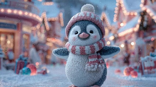 A festive winter scene with a penguin character, adorned in cold-weather attire and situated on a snowy surface The setting includes decorative lights, ornaments, tinsel, and other Chr - AI-Generated