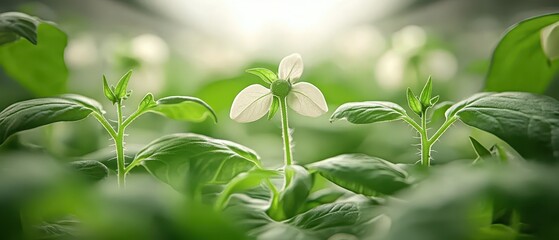 Obraz premium Fresh green leaves and budding plants grow in a vibrant garden. A beautiful white flower stands tall, bathed in soft, bright light.