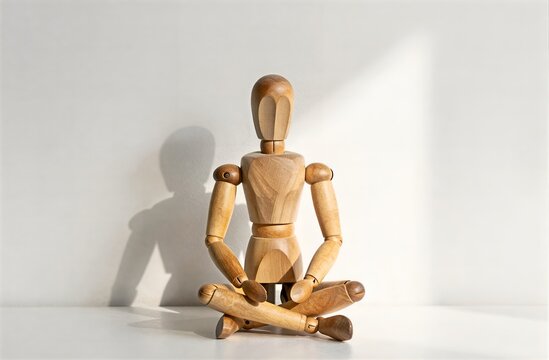 Wooden mannequin pondering in soft sunlight