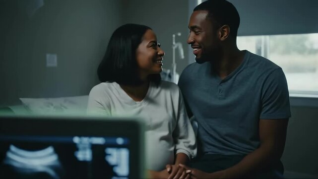 African American couple watching baby ultrasound on digital screen at home. Happy pregnant woman and husband looking at sonogram display together. Parenthood and family concept