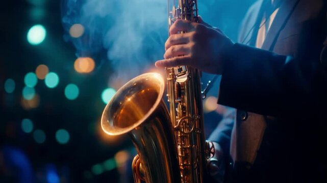 Close-up of musician hands playing golden saxophone on stage with blue bokeh lights. Professional jazz artist performing live music concert in club. Entertainment and nightlife concept