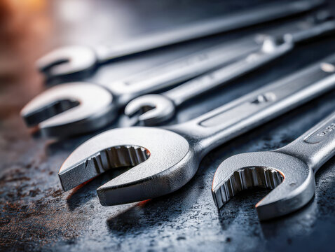 Set of metal combination wrenches arranged on a textured surface with focus on open-end jaws and polished steel finish in soft light