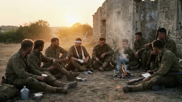 Group of soldiers sitting around a campfire in ruins at sunset. Tired military men eating and resting after battle. World War II historical reenactment concept