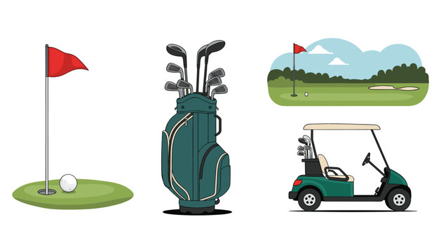 Golf themed collection includes a hole with a flag, a golf ball, a full bag of clubs, a cart, and a scenic course.