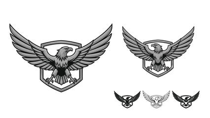 Obraz premium Set of heraldic eagle emblems with spread wings and shields in various grayscale tones for logo design and corporate branding identity.