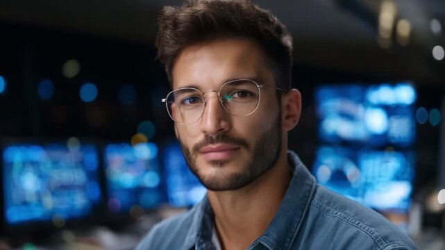 A young man with stylish glasses and a confident gaze is captured in a technological environment, surrounded by multiple screens displaying data, representing modernity and intelligence.