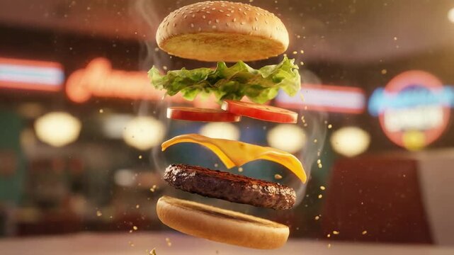 3D animation of delicious burger ingredients floating in exploded view. Layers of meat cheese and vegetables assembling with steam. Fast food restaurant advertising concept