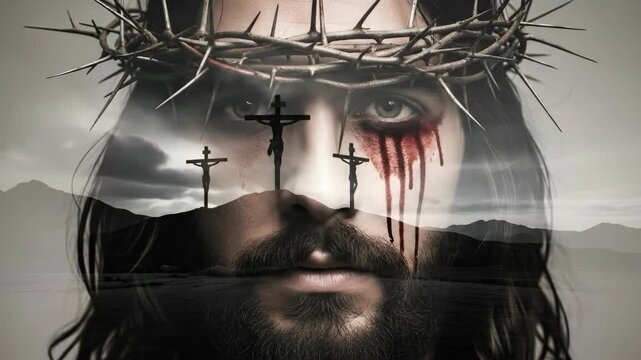 Double exposure of Jesus Christ's face with bleeding eyes, crown of thorns, and three crosses on a hill for a religious theme. Easter background.