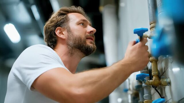 Plumber checking hot water temperature on plumbing manifold using smartphone, home heating maintenance concept