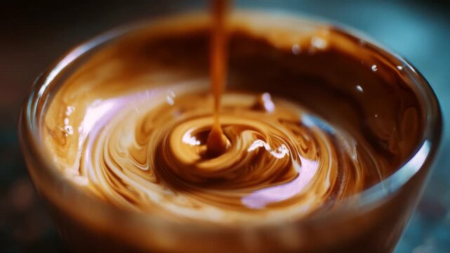 A Close-Up View of Smooth Swirling Chocolate Mixture in a Transparent Bowl, Capturing the Rich Color and Creamy Texture with Artistic Elegance