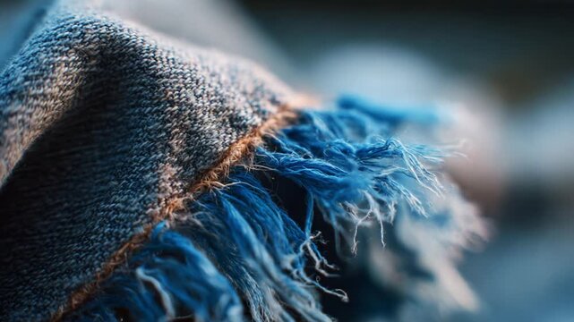 Close-up View of Frayed Denim Fabric Showcasing the Textured Details and Blue Hues, Highlighting the Wear and Tear with Strands Loosely Hanging, Reflecting Both Style