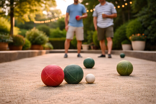 Friends playing bocce ball outdoors on garden court during summer evening