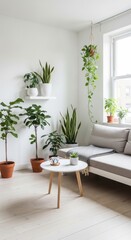 Fototapeta premium Bright Living Room Corner with Plants and Natural Light.