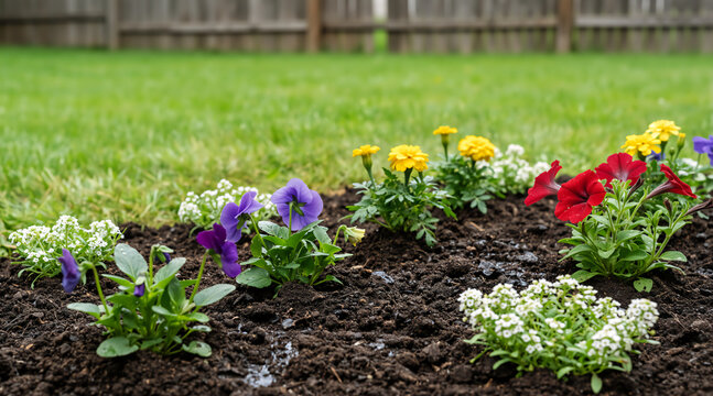 Newly planted annual flowers in a garden bed bordering a green lawn. Petunias, pansies, and marigolds in fresh soil. Backyard landscaping in spring