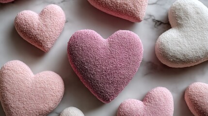 Obraz premium Minimalist Valentine background featuring soft textured hearts in pale pink and white arranged on a smooth white surface with natural daylight illuminating the scene