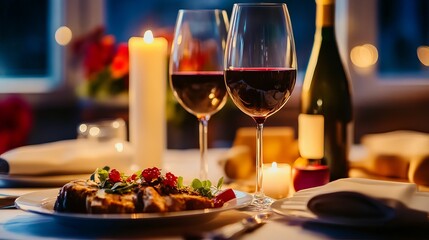 Naklejka premium A romantic dinner setup with wine glasses and a candlelit table in a cozy restaurant