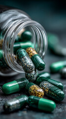 Green capsules with herbal granules spill from glass jar, symbolizing natural supplements, wellness, and healthy lifestyle.
