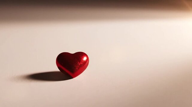 a red heart shaped object on a beige surface with shadow