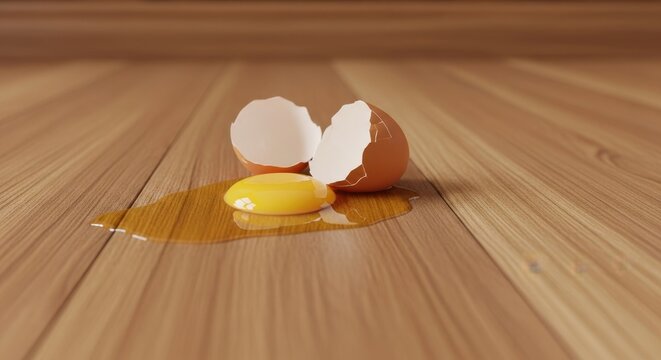 Broken egg on wooden floor, a messy situation.