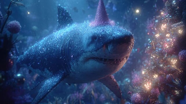 A vibrant, dynamic underwater scene with a blue and white painted shark swimming towards the viewer amidst an array of colorful corals, small fish, and marine life - AI-Generated