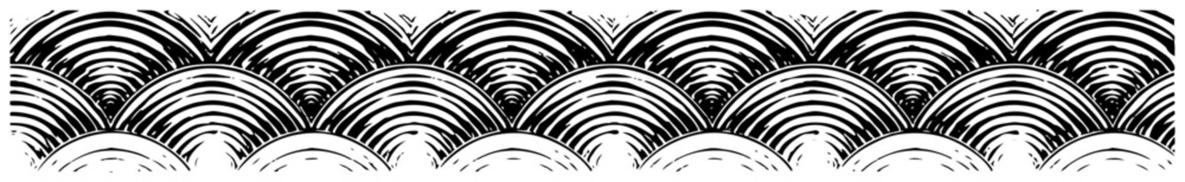 Traditional Japanese wave pattern border in textured woodcut and linocut style