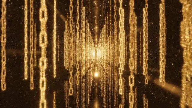 A mesmerizing perspective through rows of glimmering gold chains, radiating an aura of wealth and interconnectedness.