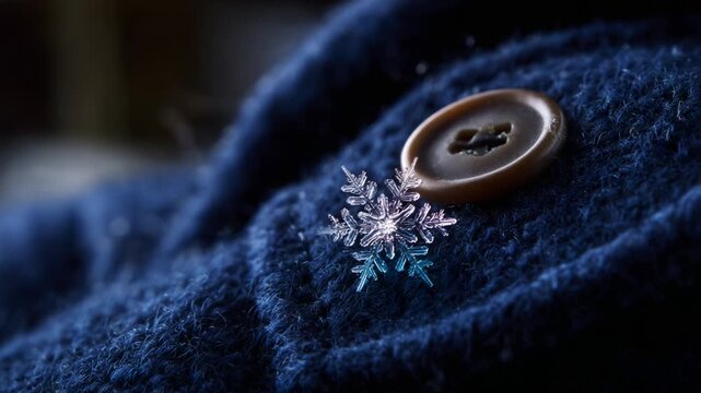 A close-up view of a delicate snowflake brooch elegantly resting on a dark blue wool coat, showcasing intricate details and textures, with a stylish button complementing the overall aesthetic.