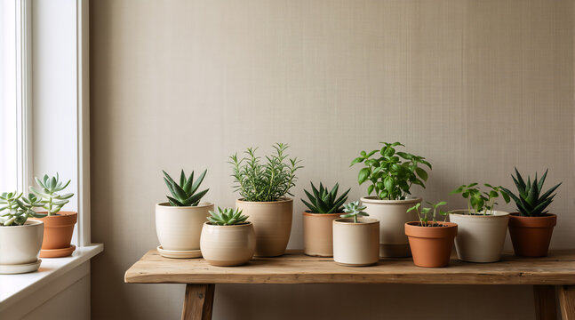 Collection of potted herbs and succulents on a wooden bench. Gardening display near a window