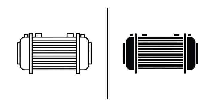 A technical drawing of two industrial heat exchangers side by side on a white background