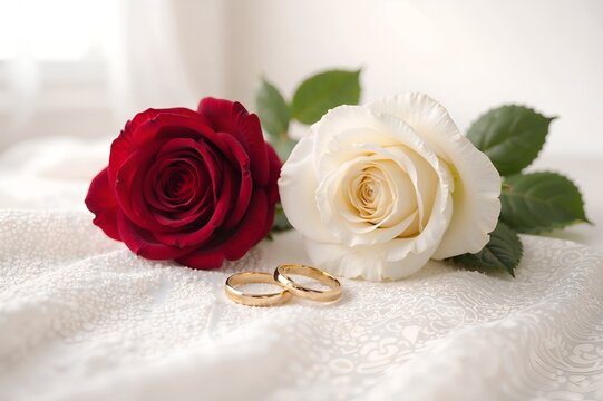Elegant wedding symbol with red and white roses and gold rings on lace background. New beginning of a long term partnership.