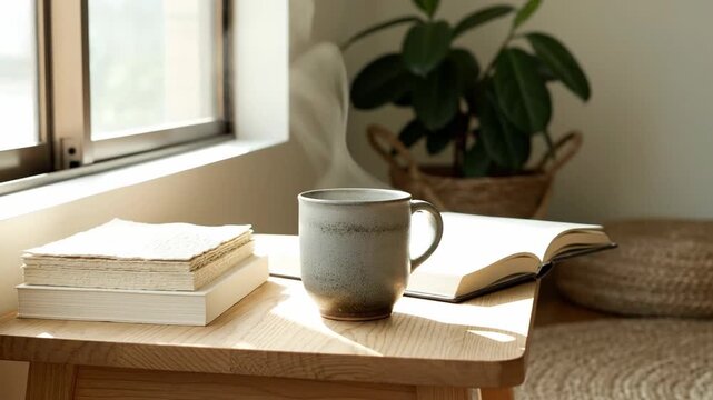 Steaming cup of coffee or tea on a wooden table next to an open book. Morning reading and relaxation concept near a window